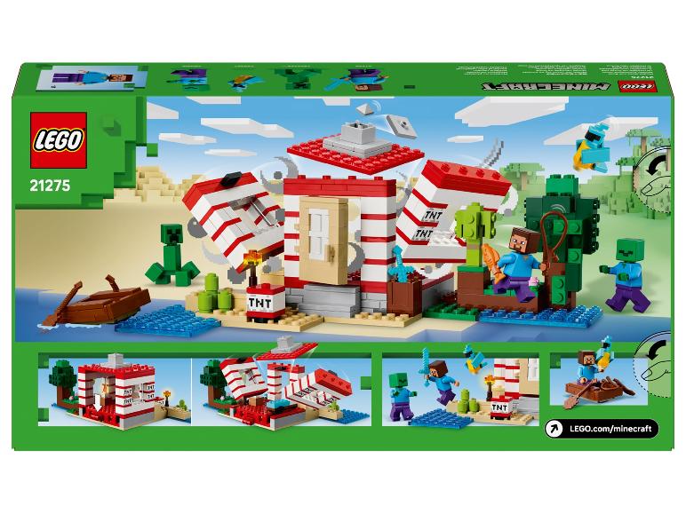 Zestaw do zabawy Minecraft z domkiem, łodzią, figurkami i akcesoriami, przedstawiający różne sceny.