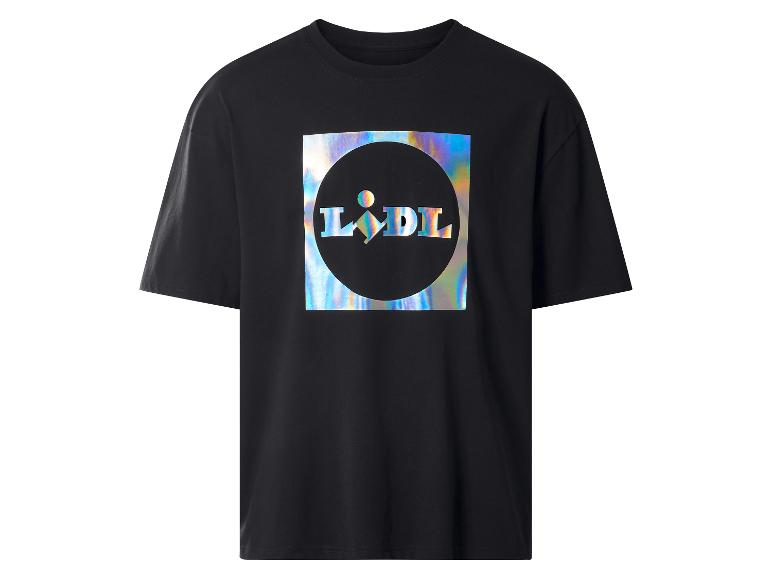 Czarny T-shirt z holograficznym logo Lidl na środku.
