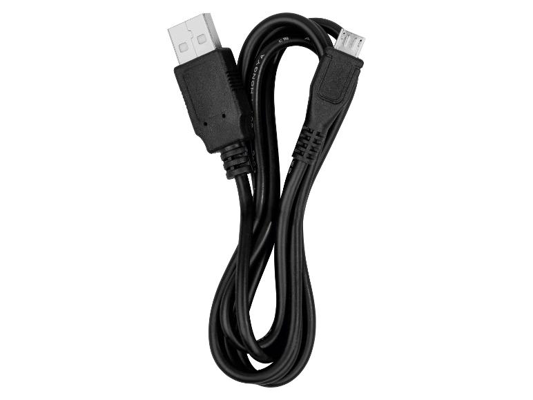 Czarny kabel USB z wtyczkami USB-A i Micro-USB, zwinięty w kształt ósemki.