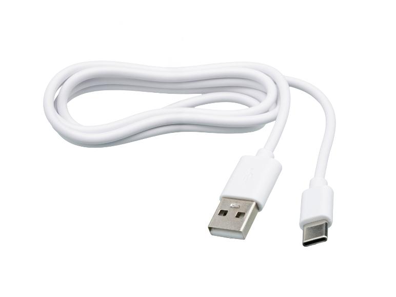 Biały kabel USB-A do USB-C, zwinięty na białym tle.