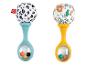 Dwie grzechotki Fisher-Price z materiałowymi wierzchami, jedna w czarno-białe liście, druga w kolorowe zwierzęta.