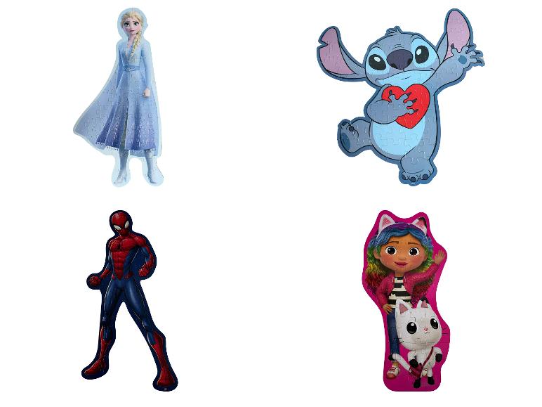 Puzzle z Elsą, Stitch'em, Spider-Manem i dziewczynką z kotem.