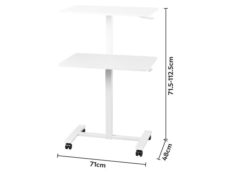 Białe mobilne biurko z regulacją wysokości (71,5-112,5 cm) z dwoma półkami, szerokość 71 cm i głębokość 48 cm.