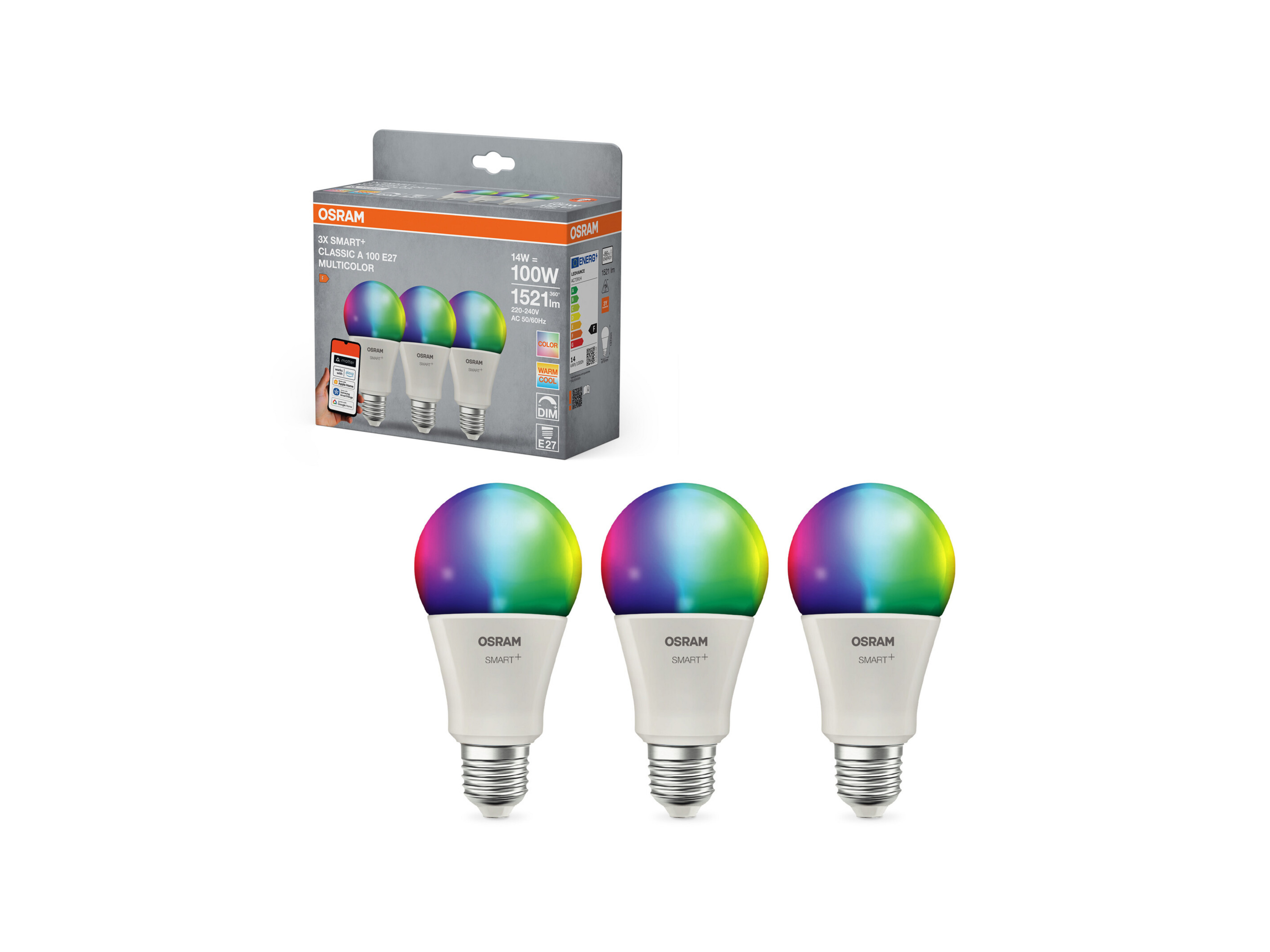 OSRAM Inteligentne żarówki Smart MATTER, 3-pak (A100, E27, 2700 K, RGBW, Matowe)