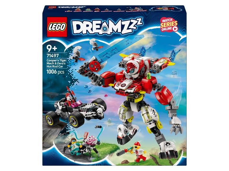 Pudełko LEGO DREAMZzz z tygrysim mechem Coopera i hot rodem Zero.