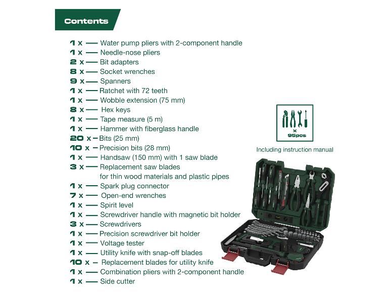 Zestaw narzędzi z szczypcami, kluczami, śrubokrętami, miarką i piłą, łącznie 95 sztuk.