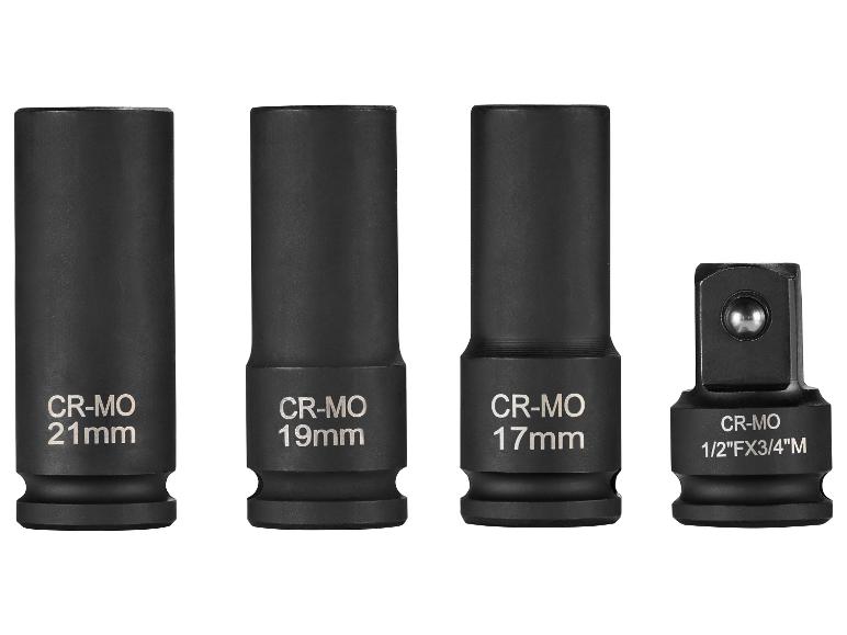 Cztery czarne nasadki, w tym rozmiary 21mm, 19mm, 17mm i adapter 1/2'FX3/4'M.