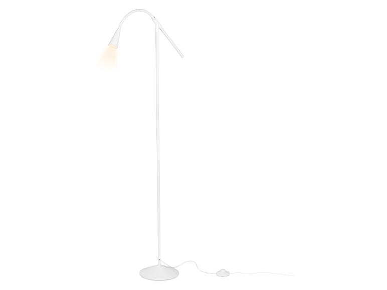 Biała lampa podłogowa z giętkim ramieniem i włącznikiem nożnym