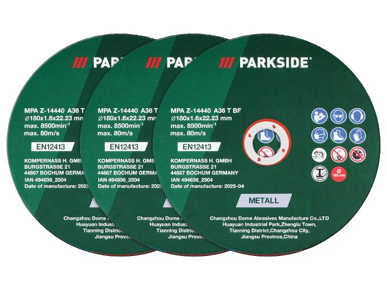 Trzy tarcze tnące Parkside do metalu, 180 mm, z instrukcjami bezpieczeństwa.