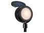 Czarna solarna lampa LED z ciepłym światłem, idealna do użytku zewnętrznego.