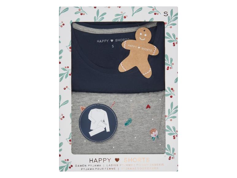 Opakowanie z niebieską i szarą piżamą z krótkimi spodenkami dla kobiet od Happy Shorts.
