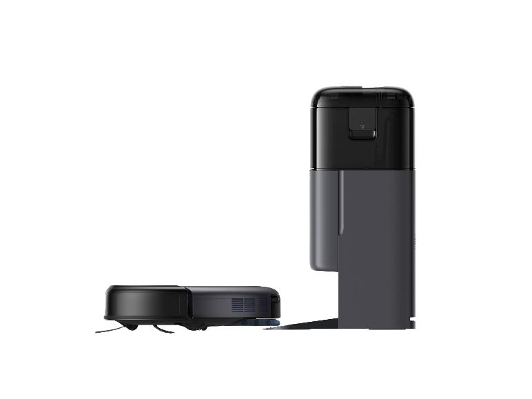 Robot odkurzający i automatyczna stacja opróżniania w kolorze czarnym i szarym.