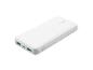 Biały power bank z dwoma portami USB i wskaźnikami naładowania.
