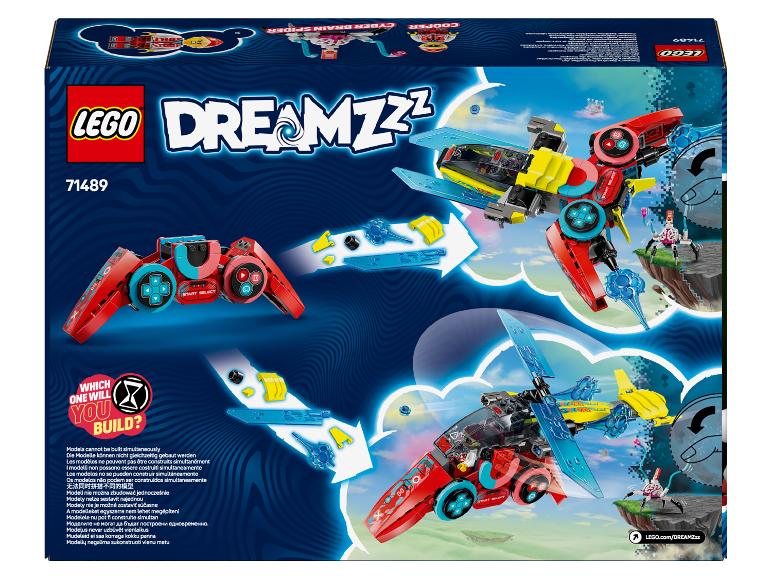 Pudełko LEGO DREAMZzz z dwoma alternatywnymi modelami czerwonego i niebieskiego pojazdu.