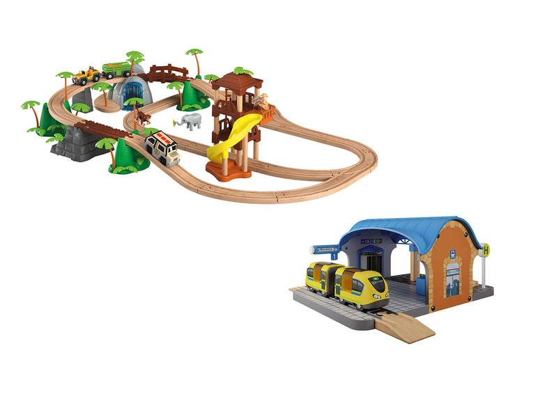 Pełny ekran: Drewniany zestaw do zabawy kolejką - dżungla i dworzec - zdjęcie 1
