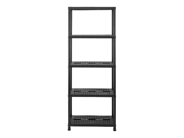 Czarny, pięciopoziomowy regał z tworzywa sztucznego z perforowanymi półkami.