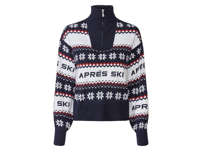 Granatowy sweter z nadrukiem 'Après Ski' i śnieżynkami.