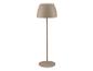 Lampa podłogowa w kolorze taupe z kloszem w kształcie dzwonu i okrągłą podstawą.