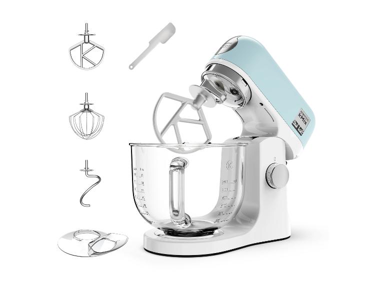 Niebiesko-biały robot kuchenny ze szklaną misą, mieszadłem płaskim, trzepaczką, hakiem do ciasta i szpatułką.