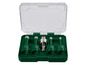 Zestaw pięciu diamentowych wierteł w zielonym pudełku.