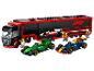 Zestaw LEGO Speed Champions z ciężarówką F1, dwoma samochodami wyścigowymi i minifigurkami.