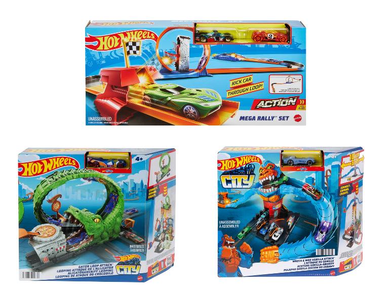 Zestaw Hot Wheels Mega Rally i Hot Wheels City z samochodami i pętlami.
