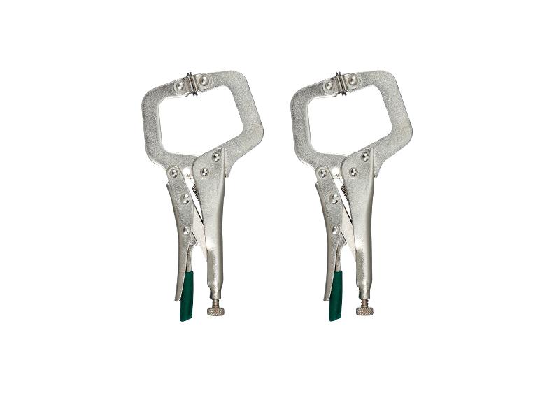 Dwa srebrne zaciski C z zielonymi uchwytami