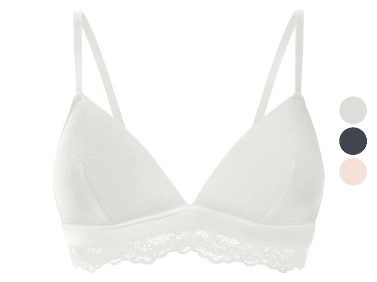 Biały biustonosz bralette z koronkowym wykończeniem, z paletą kolorów obok.
