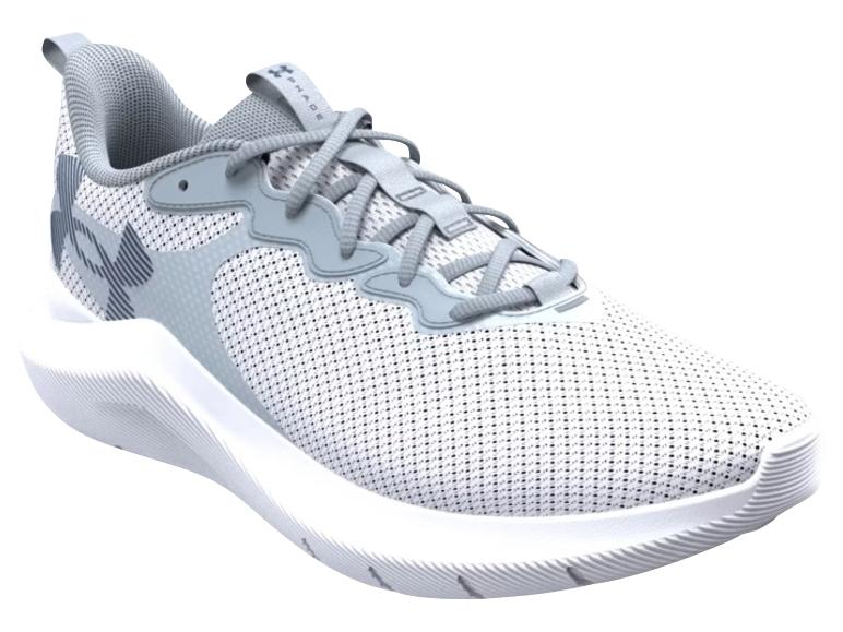 Białe i szare sznurowane buty sportowe z oddychającą siateczkową konstrukcją.