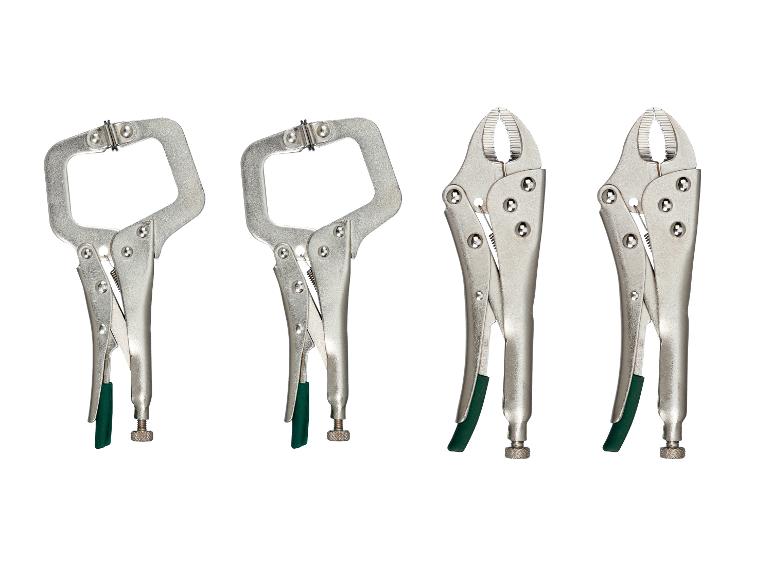 Cztery szczypce zaciskowe, dwa typu C i dwa z zakrzywionymi szczękami, na białym tle.