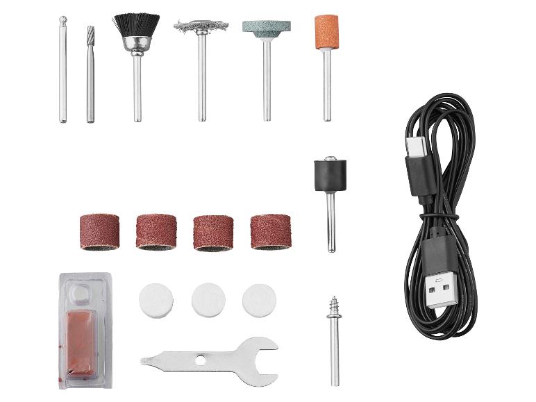 Akcesoria polerskie: frezy, szczotki, końcówki, kabel USB.
