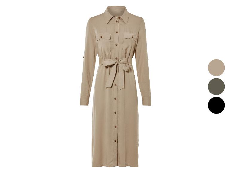 Jasnobrązowa sukienka midi z guzikami i paskiem.