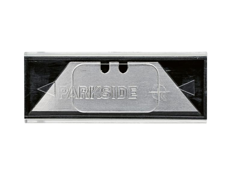 Pudełko ostrzy do nożyka z wygrawerowanym napisem „PARKSIDE” na środku.