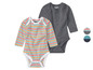 Dwa body dla niemowląt Lupilu, jedno w paski, a drugie szare.