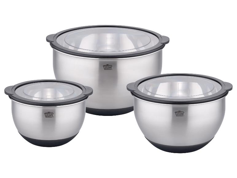 Trzy miski ze stali nierdzewnej GSW z pokrywkami.