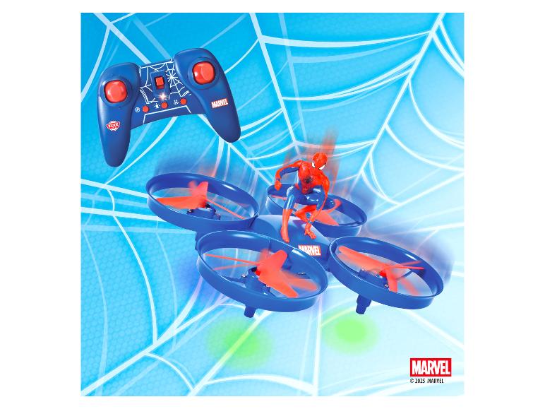 Dron Spider-Mana z pilotem, na niebieskim tle z pajęczyną.