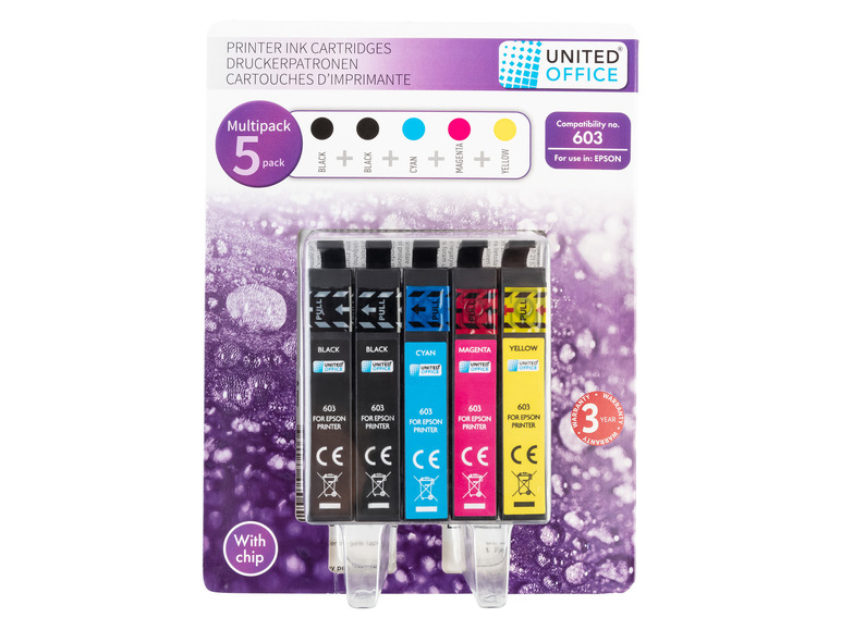 Wkład do drukarki Epson od United Office w kolorze czarnym, cyjanowym, magenta i żółtym.