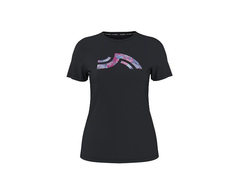 Czarny damski T-shirt z abstrakcyjnym różowo-niebieskim wzorem z przodu.