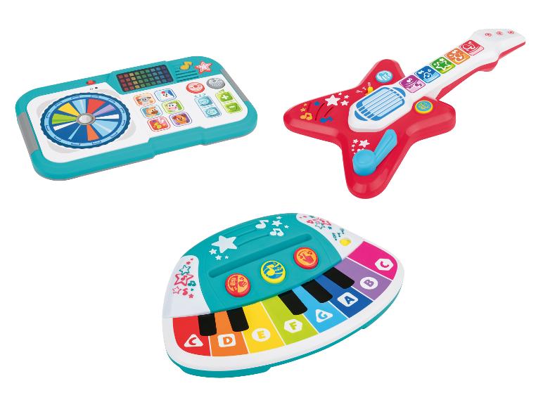 Trzy muzyczne zabawki dla dzieci: konsola DJ-a, gitara i keyboard.