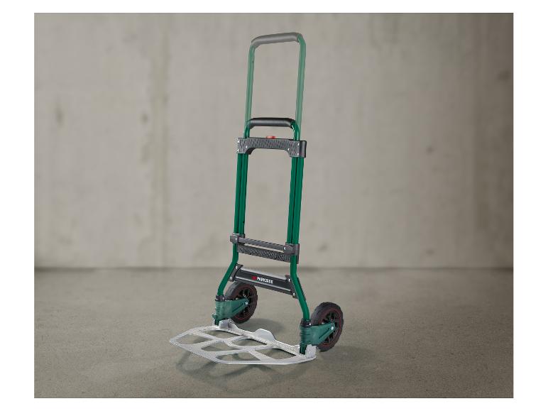 Składany wózek transportowy Parkside, zielono-czarny, na szarym tle.