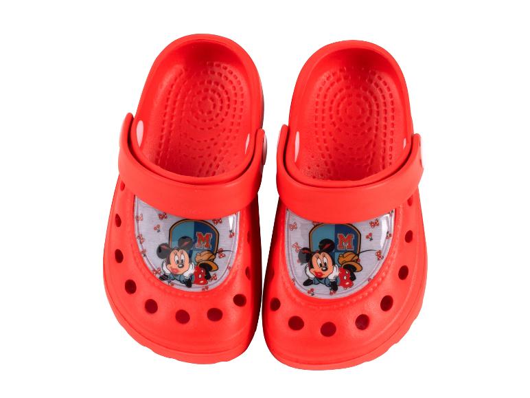 Czerwone klapki dla dzieci z motywem Minnie i Mickey.