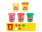 Pięć pojemników z ciastoliną Play-Doh w różnych kolorach.