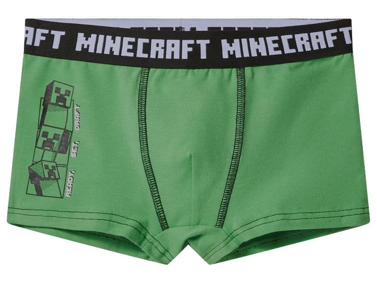 Zielone bokserki dziecięce Minecraft z motywem Creeper i napisem „READY, SET, CRAFT”.