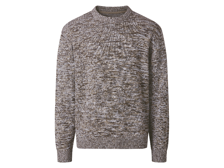Beżowy sweter z melanżowym wzorem.