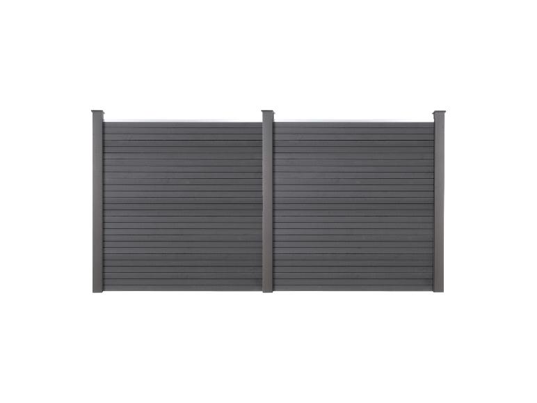 Szary panel ogrodzeniowy z listew, z dwoma słupkami
