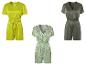 Kombinezony: limonkowy, oliwkowy i w zielony geometryczny wzór.