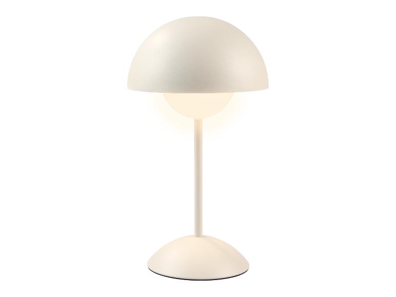 Biała lampa stołowa z półkulistym kloszem i świecącą żarówką.