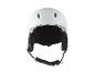 Biały kask narciarski z czarnymi nausznikami i paskiem podbródkowym.
