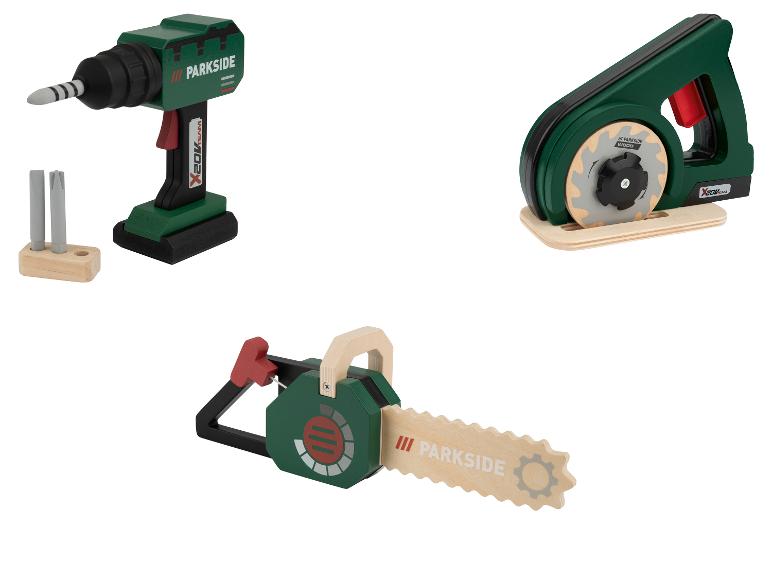 Zestaw zabawek narzędziowych Parkside, w tym wiertarka, piła tarczowa i piła łańcuchowa.