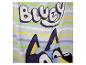 Ręcznik z postacią Bluey, kolorowymi paskami i napisem „Bluey” na górze.